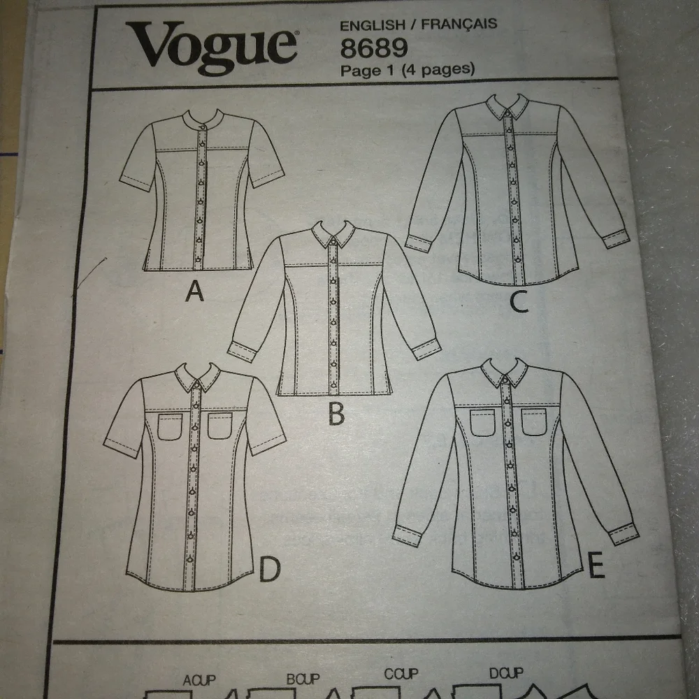VOGUE V8689 Sz 6-12 Misses fitted shirt with princess seams in 5 variati…